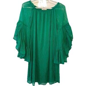 Rachel Kate Green Lace Tunic Mini Dress Small Sheer Ruffle Sleeves Made USA